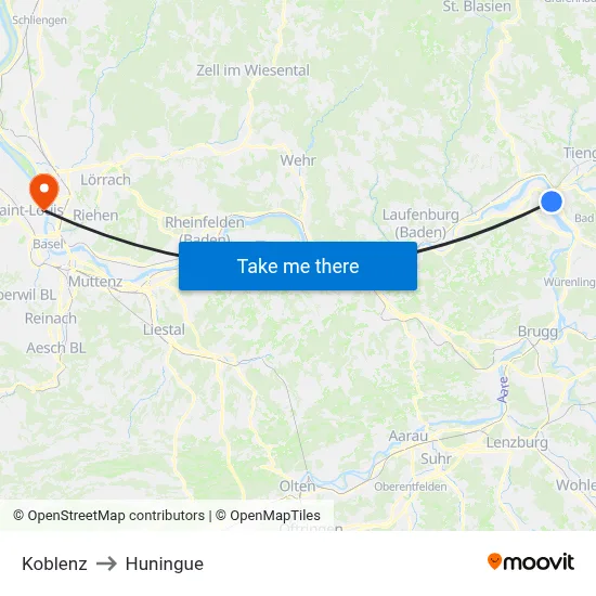 Koblenz to Huningue map