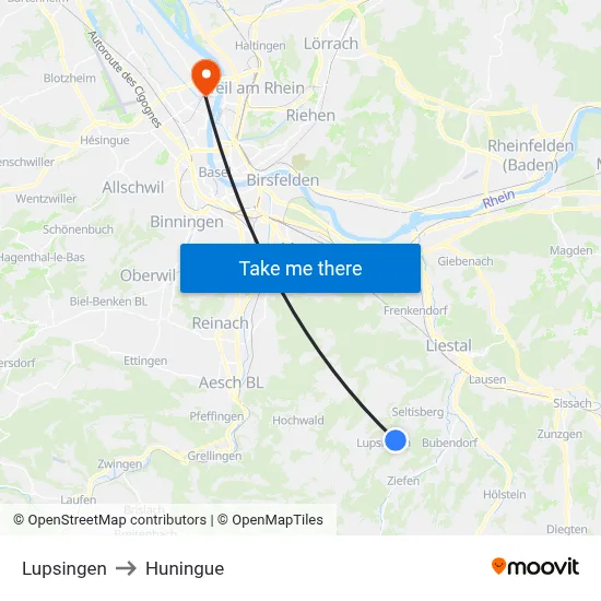 Lupsingen to Huningue map