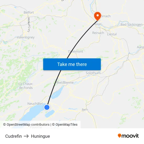 Cudrefin to Huningue map