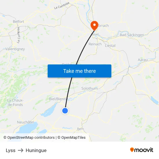 Lyss to Huningue map