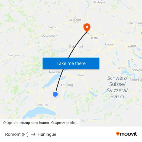 Romont (Fr) to Huningue map