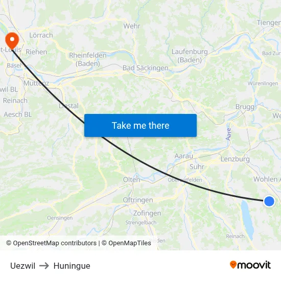 Uezwil to Huningue map