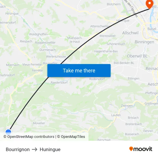 Bourrignon to Huningue map