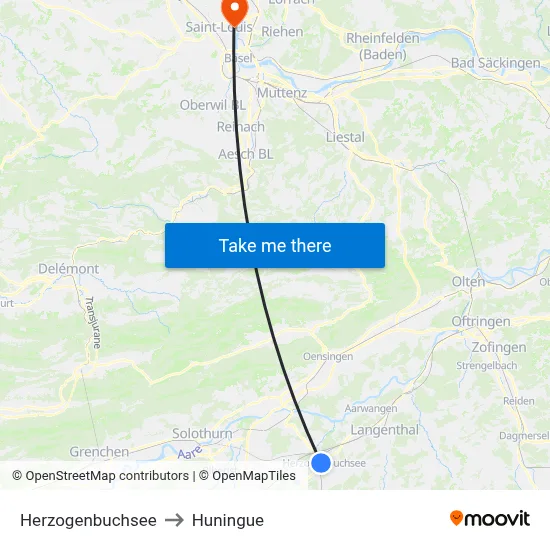 Herzogenbuchsee to Huningue map