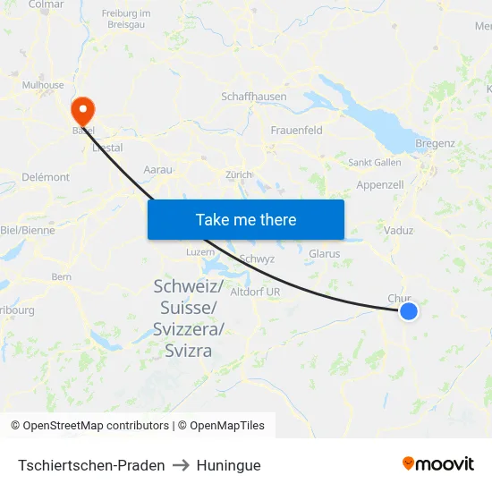 Tschiertschen-Praden to Huningue map