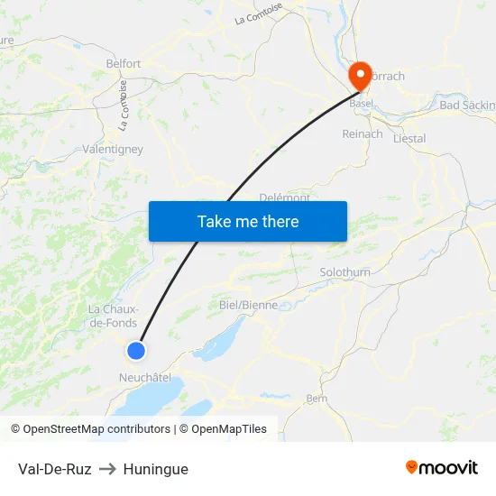 Val-De-Ruz to Huningue map