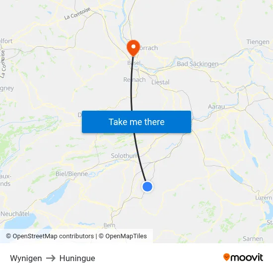 Wynigen to Huningue map