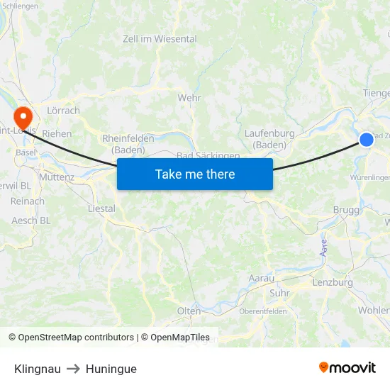 Klingnau to Huningue map