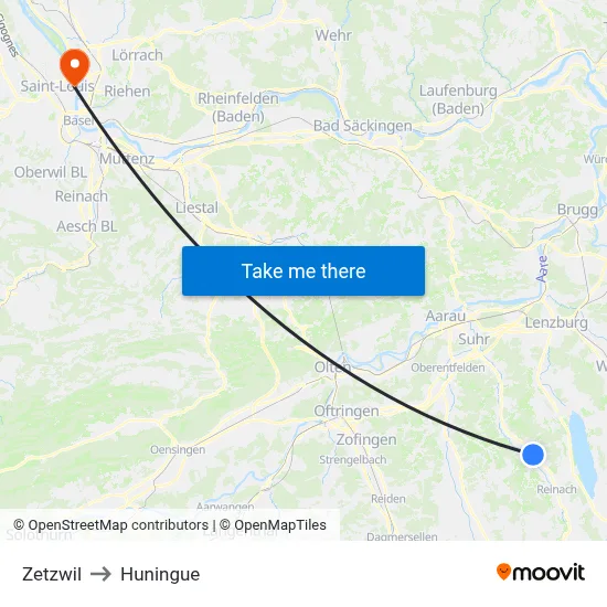 Zetzwil to Huningue map