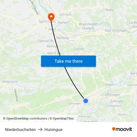 Niederbuchsiten to Huningue map