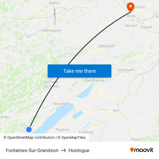 Fontaines-Sur-Grandson to Huningue map