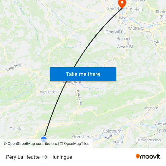 Péry-La Heutte to Huningue map