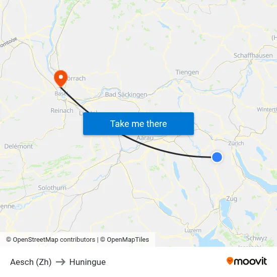 Aesch (Zh) to Huningue map