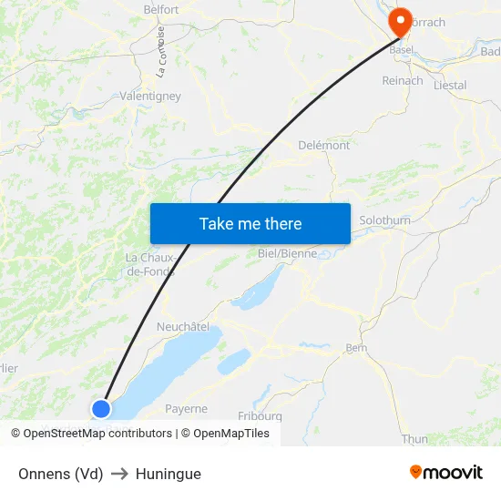 Onnens (Vd) to Huningue map