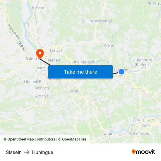 Sisseln to Huningue map