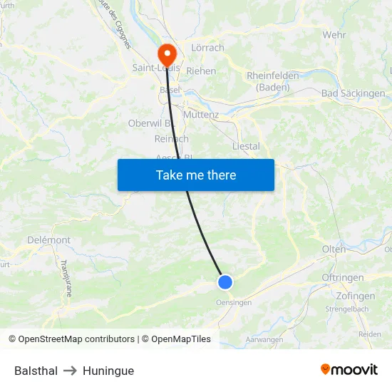 Balsthal to Huningue map