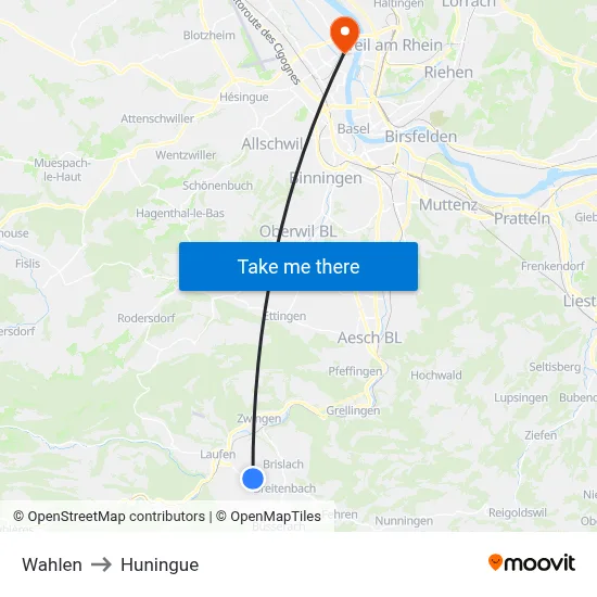 Wahlen to Huningue map
