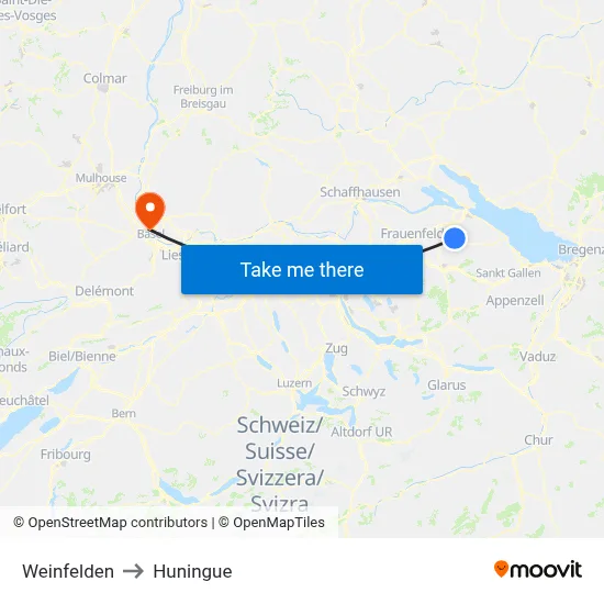 Weinfelden to Huningue map