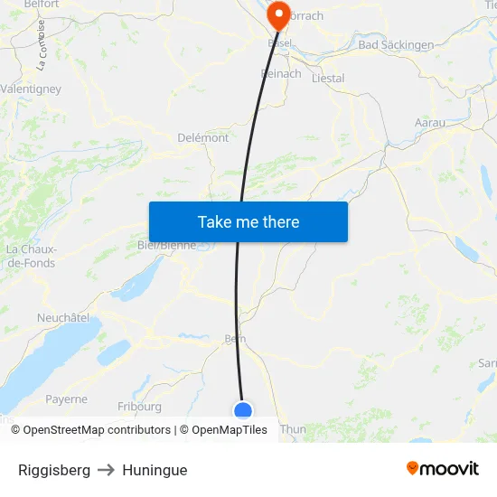 Riggisberg to Huningue map