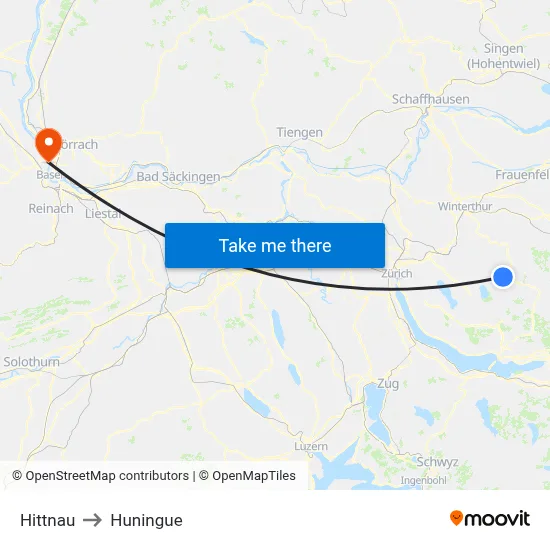 Hittnau to Huningue map