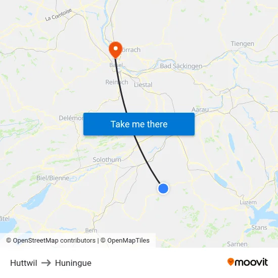 Huttwil to Huningue map