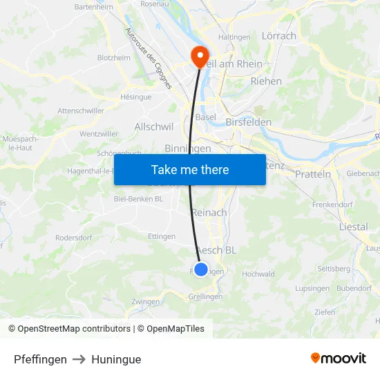 Pfeffingen to Huningue map