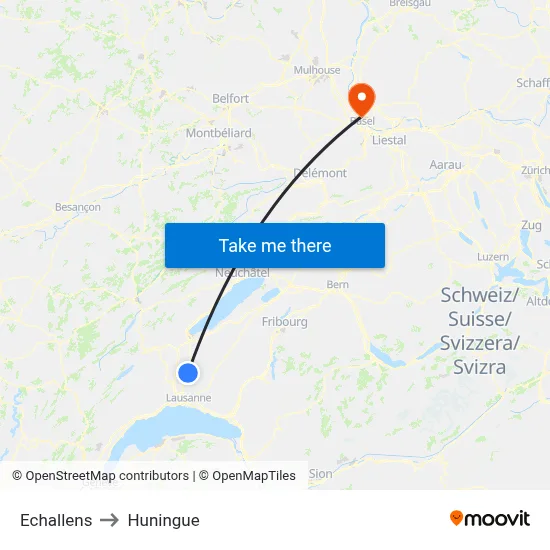 Echallens to Huningue map
