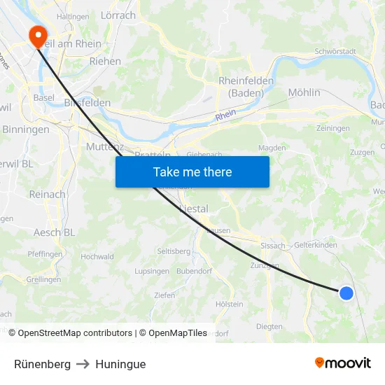 Rünenberg to Huningue map