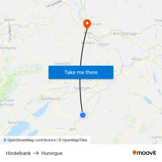 Hindelbank to Huningue map