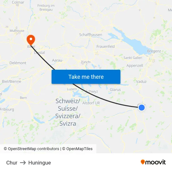 Chur to Huningue map