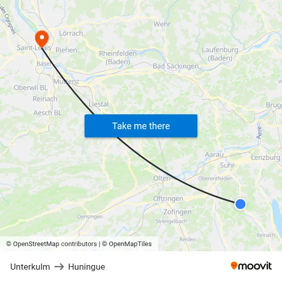 Unterkulm to Huningue map
