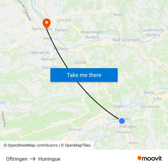 Oftringen to Huningue map