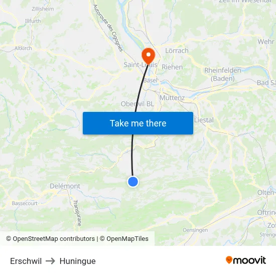 Erschwil to Huningue map