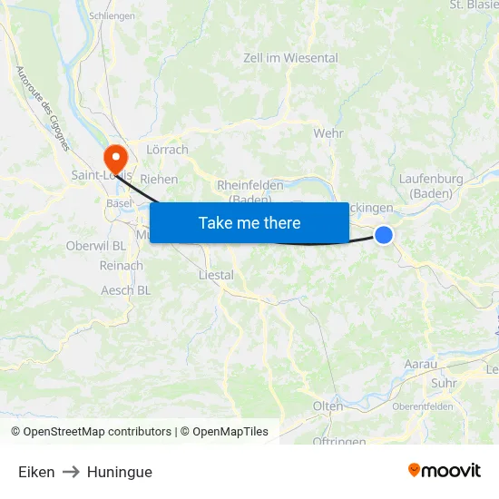 Eiken to Huningue map