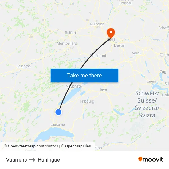 Vuarrens to Huningue map