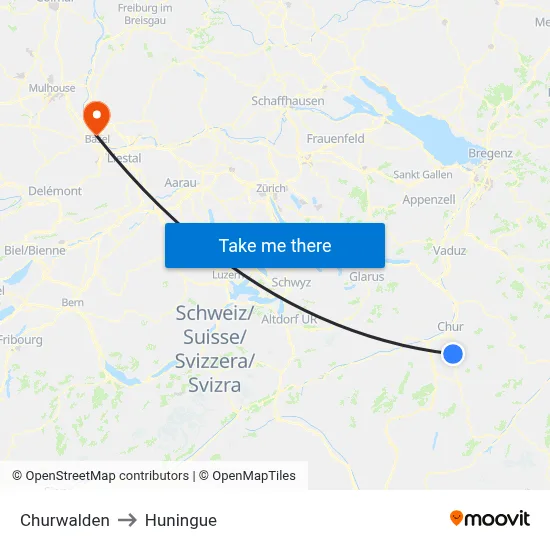Churwalden to Huningue map