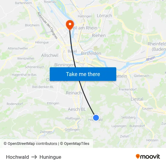 Hochwald to Huningue map