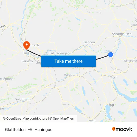 Glattfelden to Huningue map