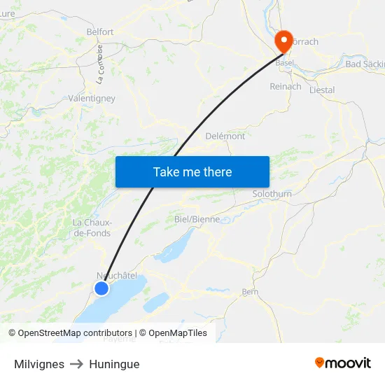 Milvignes to Huningue map