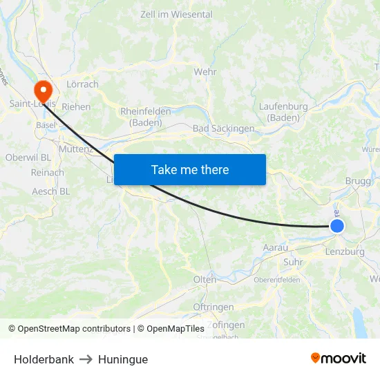 Holderbank to Huningue map