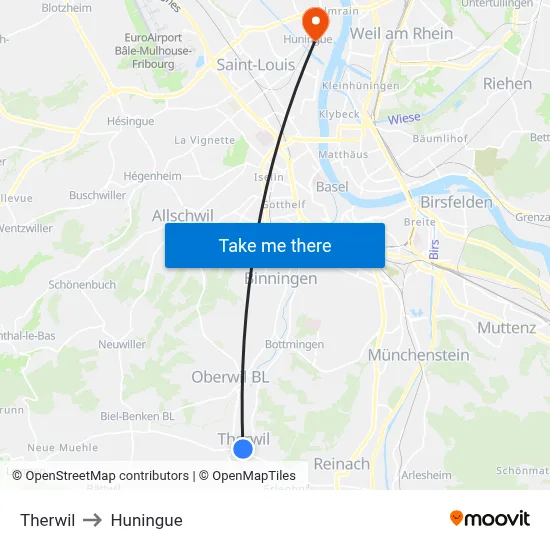 Therwil to Huningue map