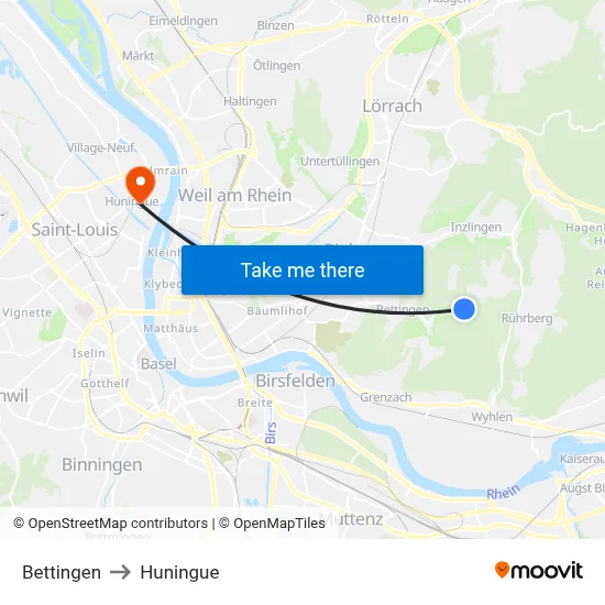Bettingen to Huningue map
