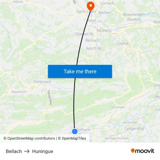 Bellach to Huningue map