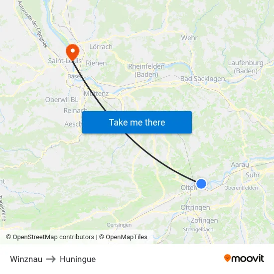 Winznau to Huningue map