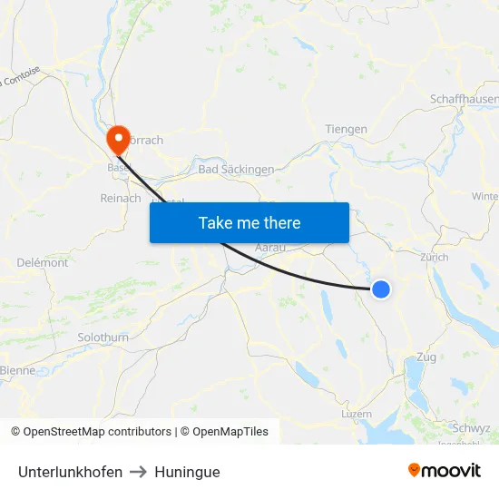 Unterlunkhofen to Huningue map