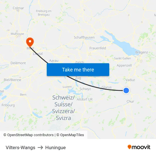 Vilters-Wangs to Huningue map