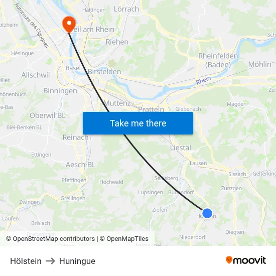 Hölstein to Huningue map