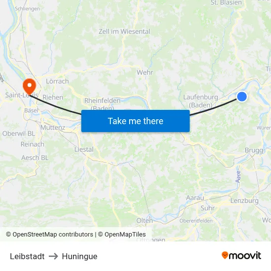 Leibstadt to Huningue map
