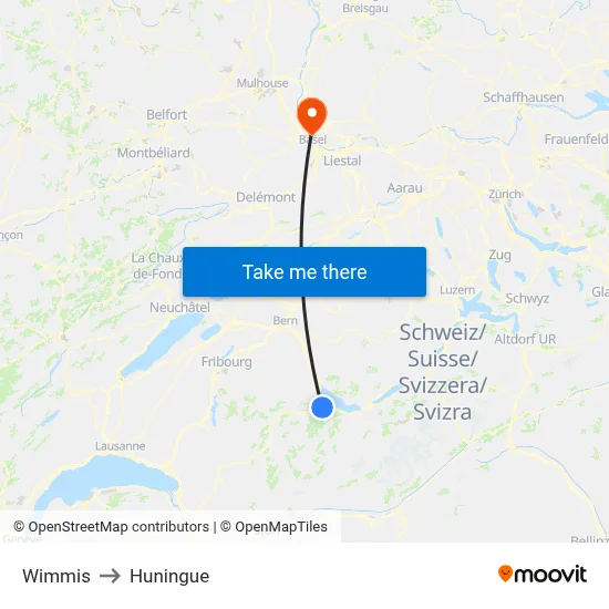 Wimmis to Huningue map
