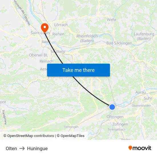 Olten to Huningue map